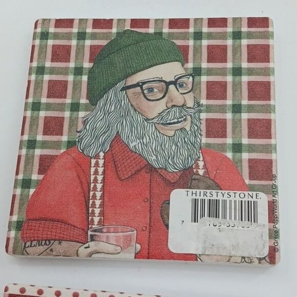 Thirstystone Hipster Tattooed Santa Coasters Set of 4 Stone and Cork Holiday - Picture 5 of 10